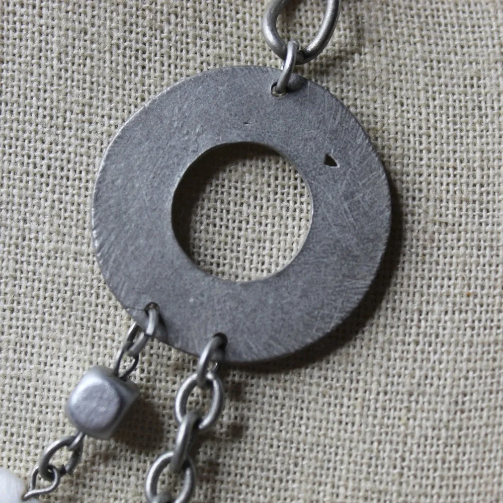 Necklace Layered Mother of Pearl Geometric Silver Tone Boho Modernist Statement